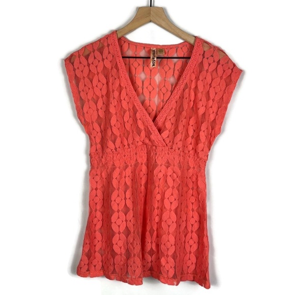 Y2K Babydoll Floral Sheer Lace Deep V-Neck Top Peach Orange Large Eyeshadow - Picture 1 of 6